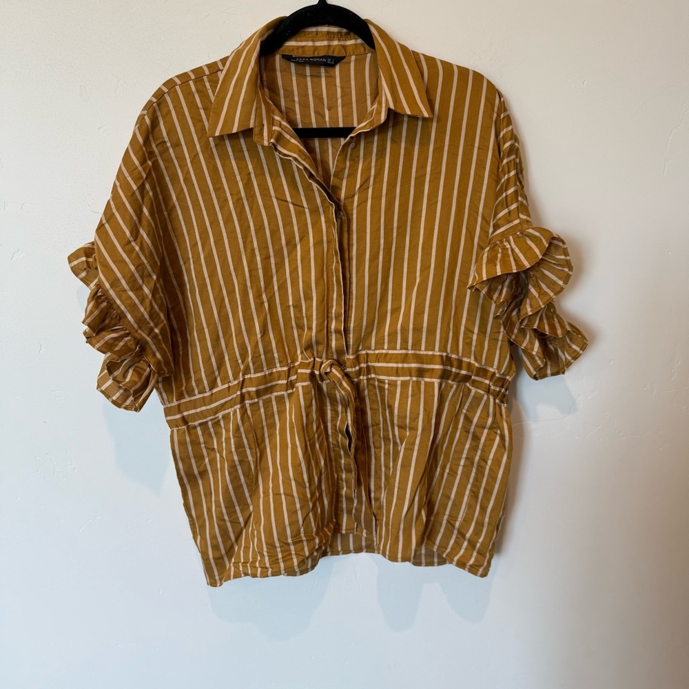 Zara Mustard Striped Button-Down Cinched Waist Blouse Womens size Small Classic